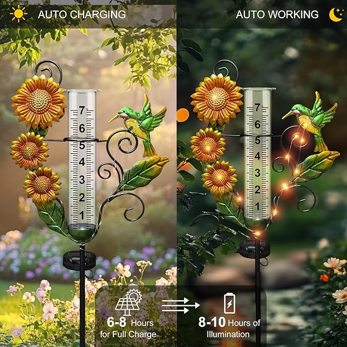 Rain Gauge Outdoor - Solar Rain Gauges with Lights Waterproof Metal Stake Hummingbird & Sunflowers Decorative Rain Gauge Freeze Proof 7" Measuring Cup for Garden Yard Lawn Decor
