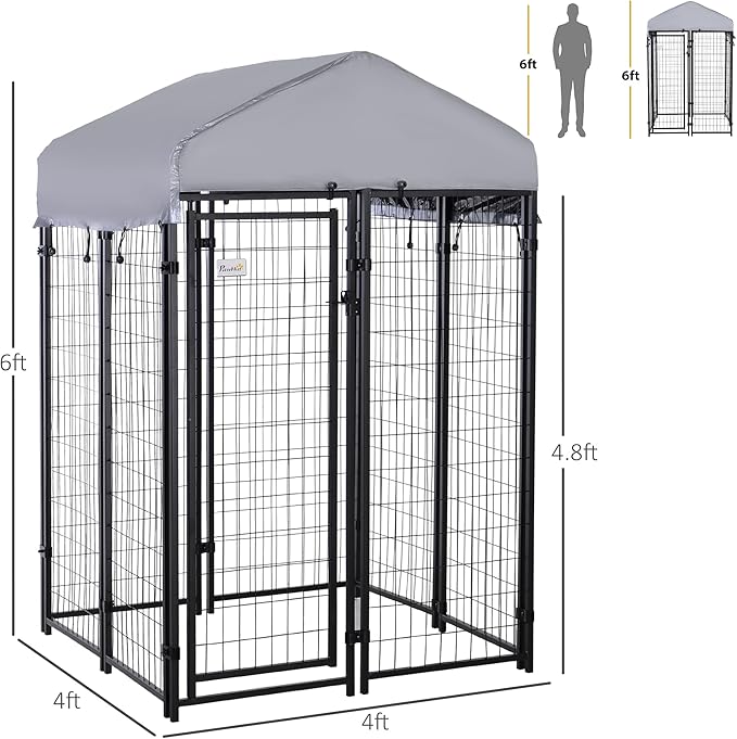 PawHut Outdoor Dog Kennel with Roof, 4' x 4' x 6' Heavy Duty Welded Wire Dog Playpen Enclosure with Escape-Proof Lock, UV-Resistant & Waterproof Cover, for Medium Dogs, Chickens, Ducks, Silver