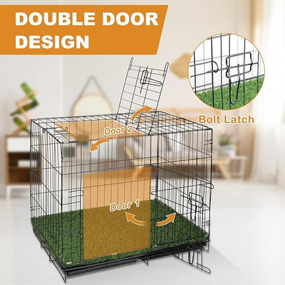 Dog Crates Kit with Artificial Grass and Dog Crates Cover, 27 Inch Double Door Collapsible Metal House for Dogs and Cats, Dog Cage with Leak-Proof Pan Tray, Travel, Indoor and Outdoor Dog Kennel