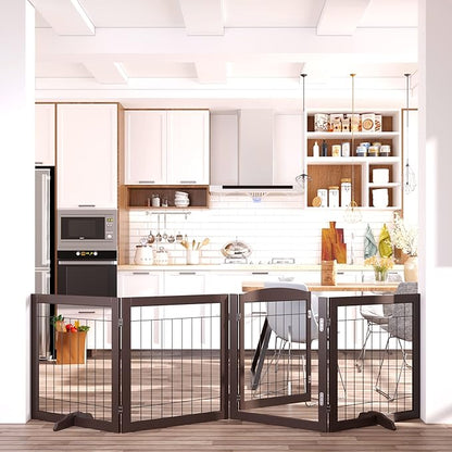 Vantas Folding Pet Gate 96" Wide, 30" Tall No-Assembly Wooden Dog Gate with Door Walk Through, Freestanding Wire Pet Puppy Safety Fence, with 2PCS Support – Espresso