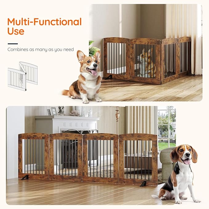 HOOBRO Indoor Dog Gate with Support Feet, 24 Inch 4 Panels, Freestanding Pet Gate for Doorway, Stairs, Folding Dog Fence, 360° Hinge for Easy Access, Sturdy Iron Pipe, Rustic Brown BF54PP03