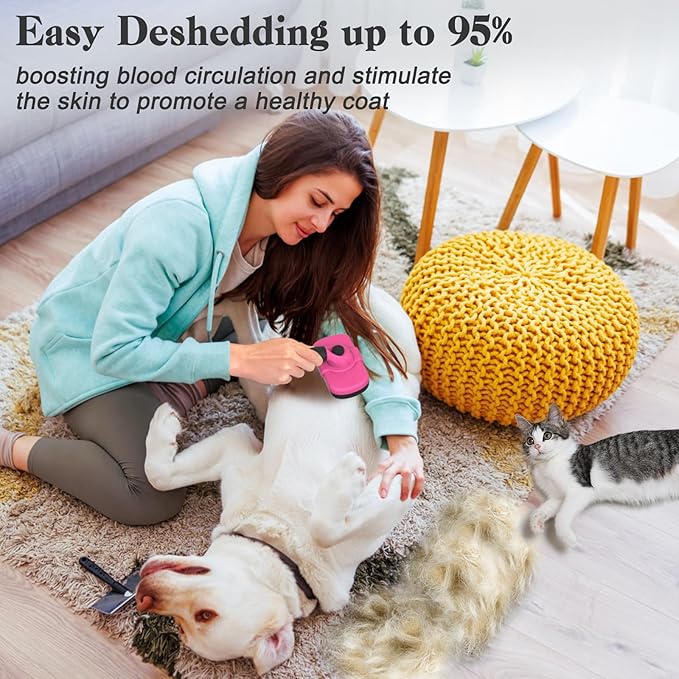 Dipoo Self-Cleaning Pet Grooming Brush - Skin-Friendly Deshedding Tool for Dogs & Cats in Pink, Removes Loose Hair and Tangles
