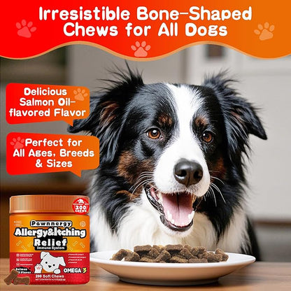 Dog Allergy & Itch Relief Chews - Salmon Oil Omega-3, Omega-6, Vitamin B1/B2/B6, Colostrum Probiotics Supplement for Seasonal Allergy, Hot Spots, Paw Licking, Scratching, 200 Soft Chews