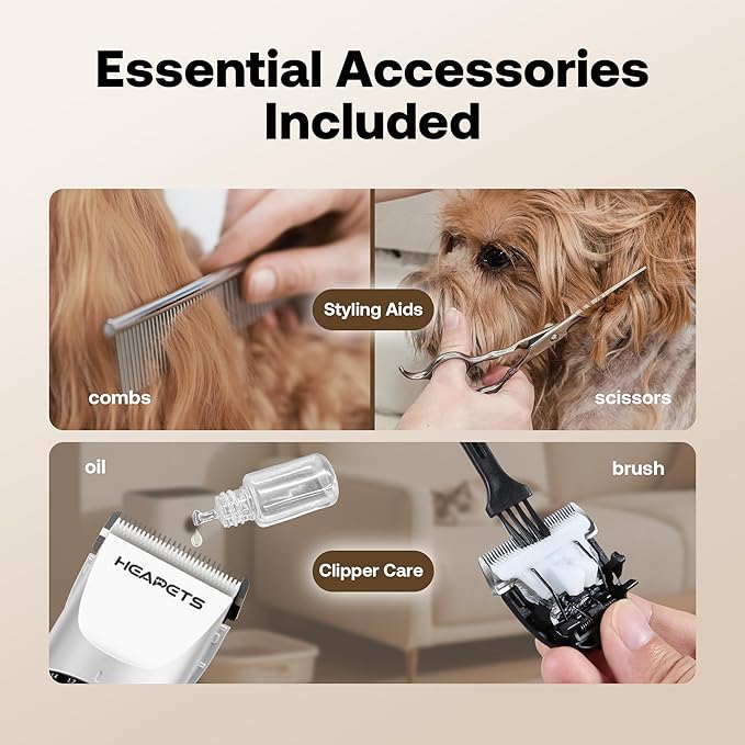 HEAPETS Dog Grooming Clippers, Low Noise, Electric Quiet, Adjustable Clipper Comb, Rechargeable Cordless Dog Hair Clippers for Dogs Cats Pets, White