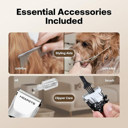 HEAPETS Dog Grooming Clippers, Low Noise, Electric Quiet, Adjustable Clipper Comb, Rechargeable Cordless Dog Hair Clippers for Dogs Cats Pets, White