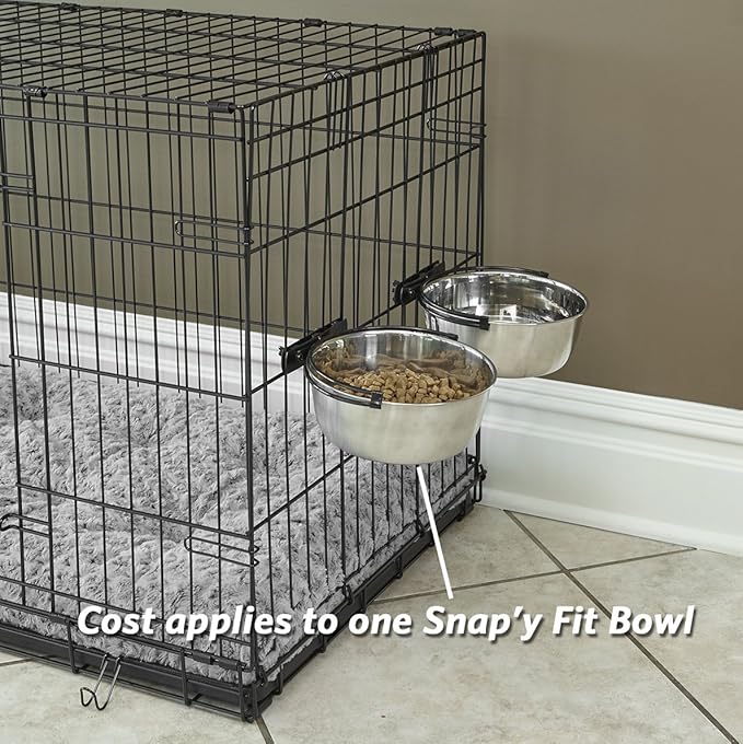 MidWest Homes for Pets Snap'y Fit Stainless Steel Food or Water Bowl, Holds 2 Quarts, Mounts to Wire Crates, No-Tip Design, Rust-Resistant, for Large Dogs and Cats