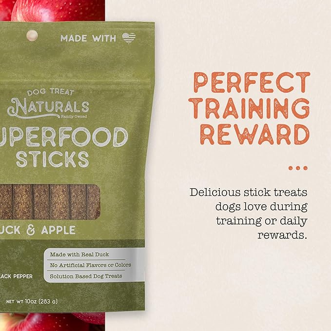 Dog Treat Naturals Superfood Sticks, Duck & Apple, 10oz Bag | Dog Chew Sticks | All-Natural, Pet Training Treats | Joint-Skin-Coat Health | USA Made