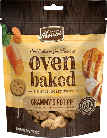 Merrick Oven Baked Natural And Crunchy Bag Of Treats, Dog Chicken Treats, Grammy’s Pot Pie With Real Chicken - 11 oz. Bag