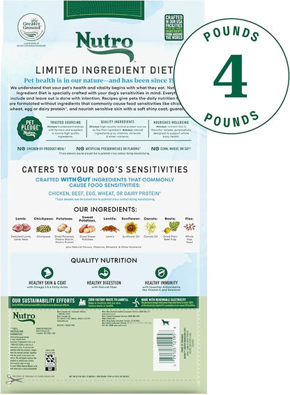 Nutro Limited Ingredient Diet Dry Dog Food, Adult Dog Food Dry Lamb & Sweet Potato Recipe, 4 lb. Bag