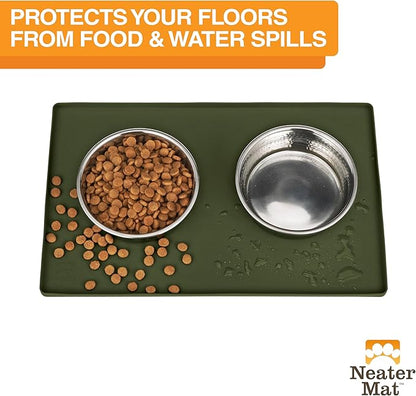 Neater Pet Brands Neater Mat Pet Mats for Food and Water, Cat & Dog Bowl Mat Waterproof Silicone, Feeding Tray, Dog Food Mats for Floors, Placemat w/Raised Edge for Under Bowls, 16” x 10”, Olive