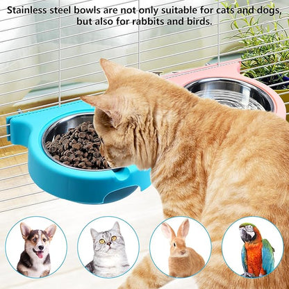 kathson Crate Dog Bowl, Removable Stainless Steel Hanging Pet Cage Bowl Food & Water Feeder Coop Cup for Cat, Puppy, Birds, Rats, Guinea Pigs (2pcs, Pink and Blue)
