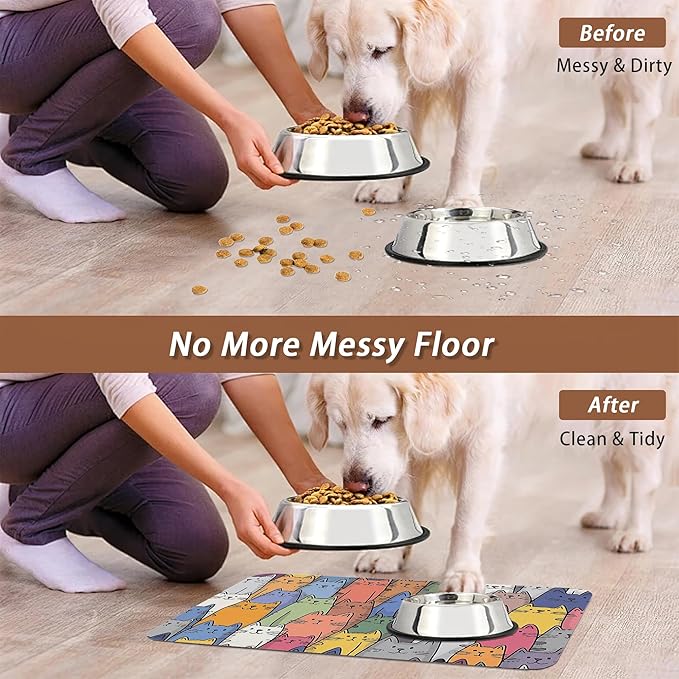 Funny Cats Family Dog Cat Food Mat,Absorbent Pet Feeding Mat for Food and Water,Non-Slip Dog Bowl Mats Floor Protector 12"x20"