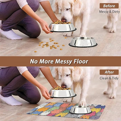 Funny Cats Family Dog Cat Food Mat,Absorbent Pet Feeding Mat for Food and Water,Non-Slip Dog Bowl Mats Floor Protector 12"x20"