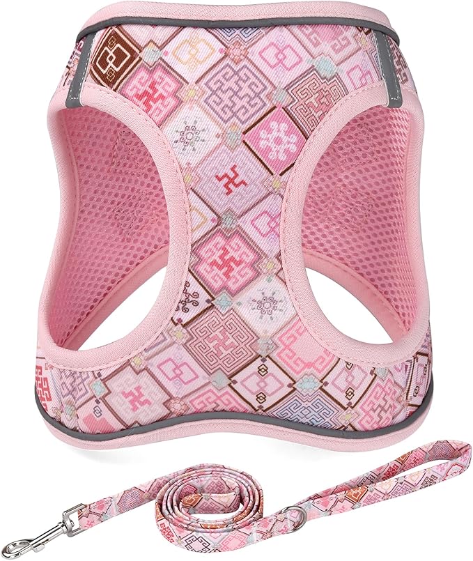 Mihqy Step in Dog Harness and Leash Set, Reflective Adjustable No Pull Dog Harness for Extra-Small/Small Dogs Puppy and Cats, Soft Padded Mesh Vest Harnesses for Girl and Boy Pets(Pink Grid,S)
