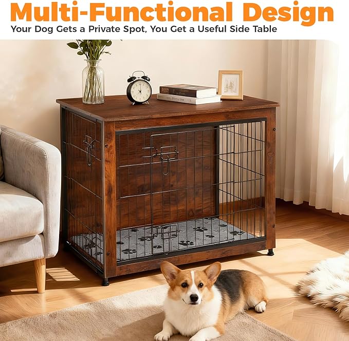 SHAWKEN Wooden & Metal Medium Dog Crate Furniture Indoor with Soft Cushion, Double-Door Dog House, 31.5" L Dog Kennel (Rustic Brown, Medium)