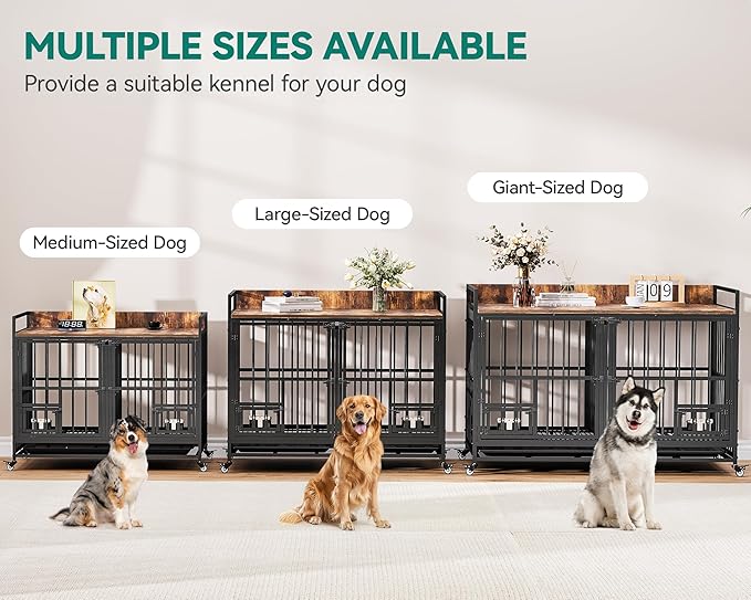 YITAHOME 37.5'' Heavy Duty Dog Crate with Removable Divider, Double Doors & Locks Design, Furniture Style Large Dog Crate with 360° Rotatable Dog Bowls & 360° Wheels & 2 Trays for Small Dog