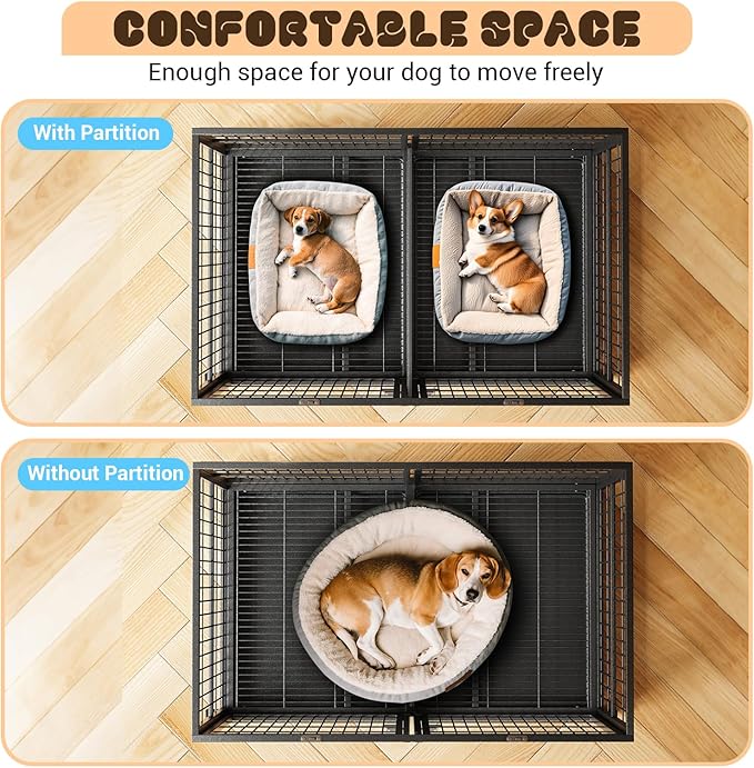 Heavy Duty Dog Crate, 48 Inches Large Metal Dog Kennel with Flexible Divider, 2 Door Pet Cage with Removable Tray and Wheels for Small Medium Large Pets