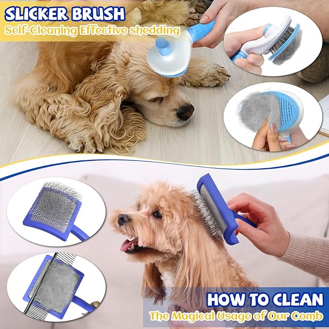 8PCS Dog Slicker Brush for Dogs Grooming Kit,Bath Grooming Kit for Pets,Hair Brush Set with Towel,Washing Gloves,Slicker Comb,and Shampoo Scrubber Brush for Small and Large Dogs and Cats(Blue)