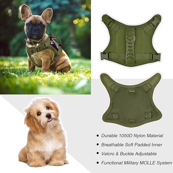 Tactical Small Dog Harness Tactical Puppy Vest with Rubber Handle K9 Military Adjustable Pet Cat Vest Harness for Outdoor Training XS Dog Harness (Green Harness)