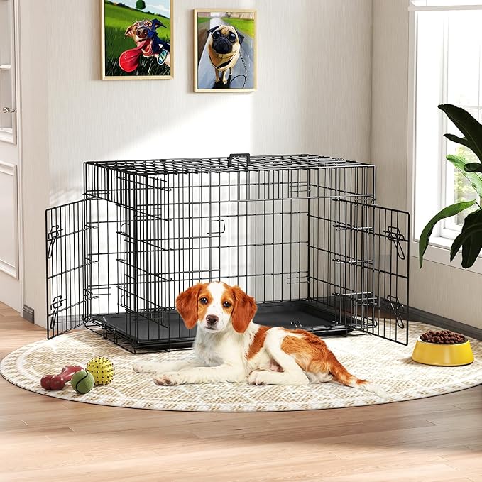 FDW Dog Crate 36-Inch Dog Cage Single Door Foldable Metal Kennel with Leakproof Tray Foldable Design Indoor Outdoor Use for Medium Dogs,Dark Black