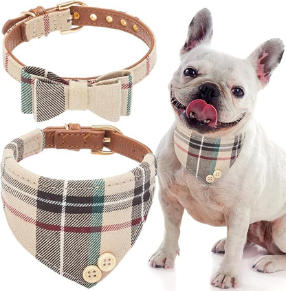 EXPAWLORER Dog Collar and Bandana Set - Classic Plaid Dog Bow Tie and Bandana Collar with PU Leather, Adjustable Collars for Small Medium Large Dogs Cats, Holiday Ideal Gift, Beige M