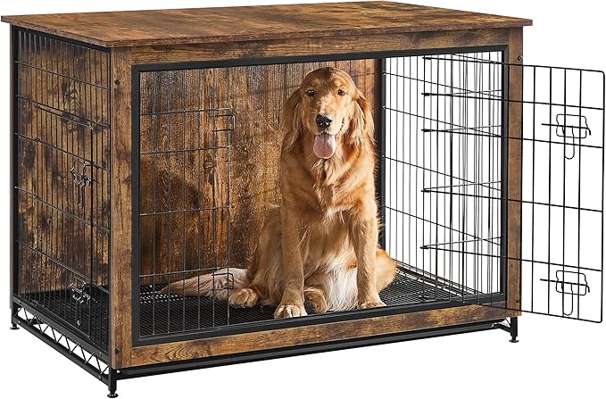 Feandrea 44.1" Dog Crate Furniture, Indoor Dog Cage Side End Table, XL Pet Wood Kennel for Large and Medium Dogs up to 80 lb with Multi-Purpose Removable Tray, Double-Door Pet House, Rustic Brown