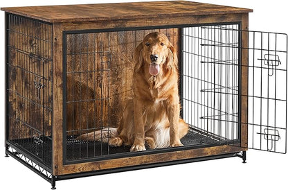Feandrea 44.1" Dog Crate Furniture, Indoor Dog Cage Side End Table, XL Pet Wood Kennel for Large and Medium Dogs up to 80 lb with Multi-Purpose Removable Tray, Double-Door Pet House, Rustic Brown