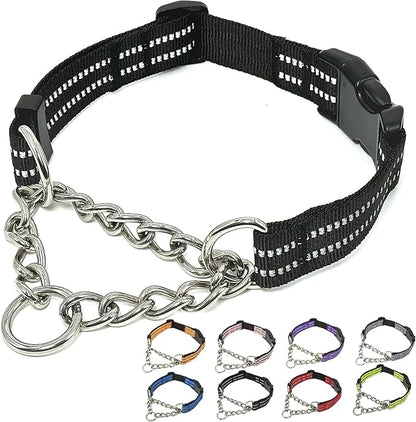 Martingale Dog Collars, Reflective Nylon Collar with Stainless Steel Chain, Adjustable Walking Training Dog Collars with Quick Release Buckle, Suitable for Small Medium Large Dogs(Black,S)
