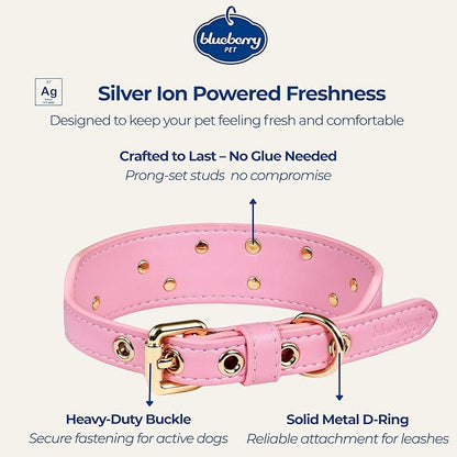 Blueberry Pet Premium Embossed Pink Glam Silver-Powered Freshness Microfiber Leather Dog Collar with Gold Studs