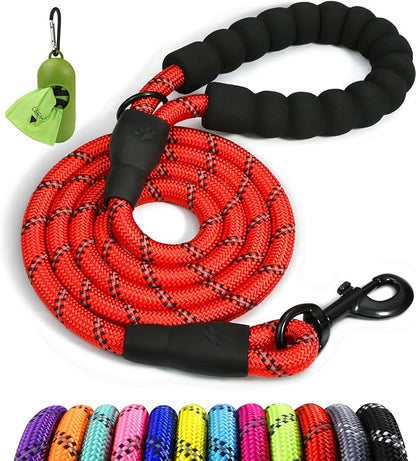 Taglory Rope Dog Leash 6 FT with Comfortable Padded Handle, Highly Reflective Threads Leash and Anti-Tangle Clip for Walking Small Dogs, 3/8 inch, Red