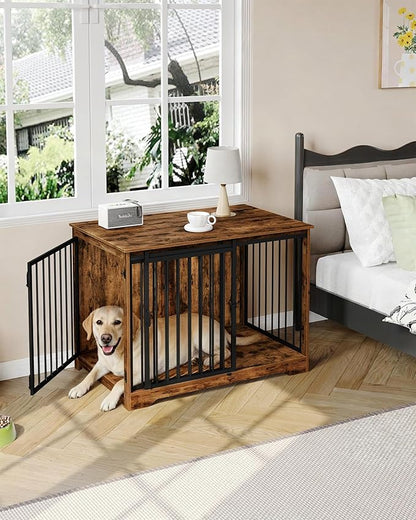 Hzuaneri 43.3" Dog Crate Furniture with Barn Door, Heavy Duty Dog Kennel Indoor with 2 Doors, Wooden Pet Cage End Table for Large Small Medium Dogs, Anti-Chew Anti-Escape, Rustic Brown DFC92301B