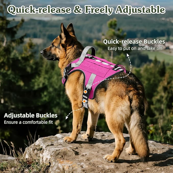 VavoPaw Heavy Duty Tactical Dog Harness for Large Dogs, No Pull Adjustable Pet Harness Reflective Service Training Easy Control Pet Vest Military K9 Working Dog Harnesses, Pink, L