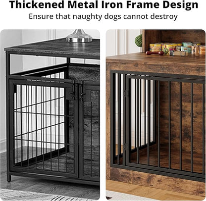 IRONCK Dog Crate Furniture, 33.4 inches Wooden Small Dog Crate with Storage and 4 Hooks, Heavy Duty Pet Crate for Small Dog, Decorative Pet Cage for Indoor (19.3" L x 33.4" W x 37.4" H)