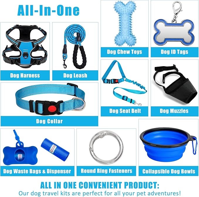 No Pull Dog Harness Adjustable Collar & Leash Set - Dog Halter Harnesses Collapsible Bowls & Poop Bag Dispenser Muzzle ID Tags Toys Fits Small Medium Large Dogs (Blue-M)