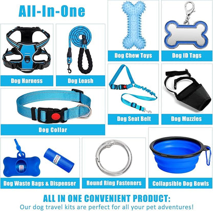 No Pull Dog Harness Adjustable Collar & Leash Set - Dog Halter Harnesses Collapsible Bowls & Poop Bag Dispenser Muzzle ID Tags Toys Fits Small Medium Large Dogs (Blue-M)