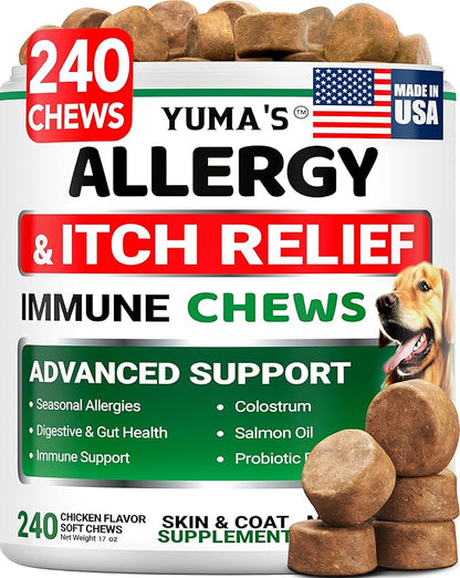 Dog Allergy Relief Chews - 240 Immune Treats - Dog Itching Skin Relief Treatment Pills - Anti-Itch - Itchy and Paw Licking - Omega 3 Fish Oil for Dogs Allergies - Dry Skin & Coat Supplement Vitamins