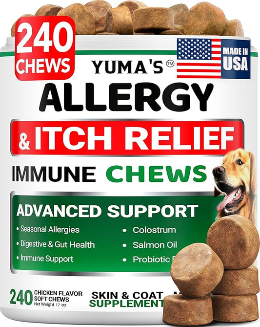 Dog Allergy Relief Chews - 240 Immune Treats - Dog Itching Skin Relief Treatment Pills - Anti-Itch - Itchy and Paw Licking - Omega 3 Fish Oil for Dogs Allergies - Dry Skin & Coat Supplement Vitamins