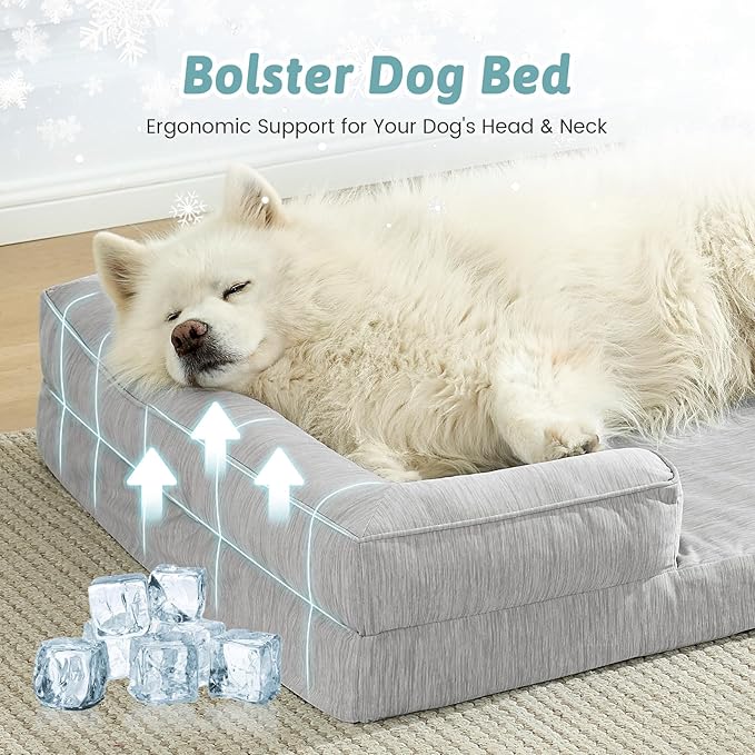 Cooling Dog Bed for Extra Large Dogs, Q-Max >0.4 Summer Cool Orthopedic Foam Pet Sofa Bed with Sides, Bolster Anti-Slip Couch with Washable Removable Cover, XXL 48x35x7.5 inch, Grey