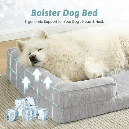 Cooling Dog Bed for Extra Large Dogs, Q-Max >0.4 Summer Cool Orthopedic Foam Pet Sofa Bed with Sides, Bolster Anti-Slip Couch with Washable Removable Cover, XXL 48x35x7.5 inch, Grey