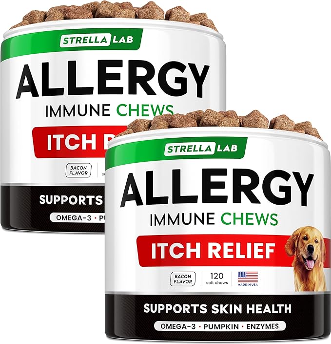 StrellaLab Dog Allergy Relief & Anti Itch Support Chews w/Omega 3: Real Ingredients, Real Taste! Skin & Coat Immune Supplement w/Fish Oil, Pumpkin & Enzymes — Developed by Experts - Made in USA -240Ct