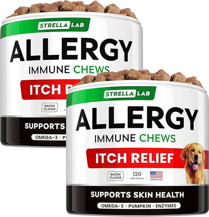 StrellaLab Dog Allergy Relief & Anti Itch Support Chews w/Omega 3: Real Ingredients, Real Taste! Skin & Coat Immune Supplement w/Fish Oil, Pumpkin & Enzymes — Developed by Experts - Made in USA -240Ct