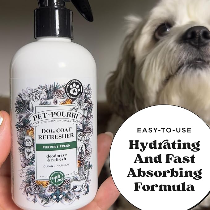 Poo-Pourri Furrest Fresh Dog Deodorizing Spray, 8 Fl Oz Grooming Perfume for Dog Coat, Pet Odor Neutralizer with Essential Oils, Vet Recommended, Paraben & Sulfate-Free Fir, Amber, & Cedarwood Scent