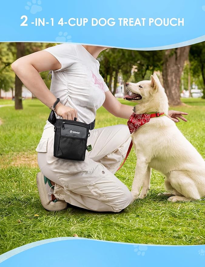 Gobeigo Dog Treat Pouch, Magnetic Closure & Sealable Silicone Bag Insert, 4-Cup Capacity – Belt Clip/Waist Belt/Crossbody Wear, Clicker Included – Great for Pet Training & Walking (Gray)