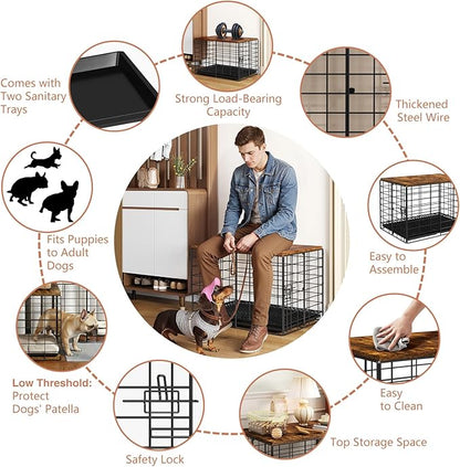 24 Inch Small Dog Crate - Indoor Puppy Kennel with Training Tray, Wooden Top & Thickened Metal Wire, Dog Cage for Small Dogs & Puppies Under 20 lbs, Decorative All-Stage Pet House
