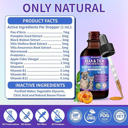 WEALLIN Flea and Tick Support for Dogs and Cats Natural Flea Treatment Drops with Multivitamin for Pets Oral Flea & Tick Prevention for Dogs and Cats Flea Herbal Drops for All Breeds and Ages
