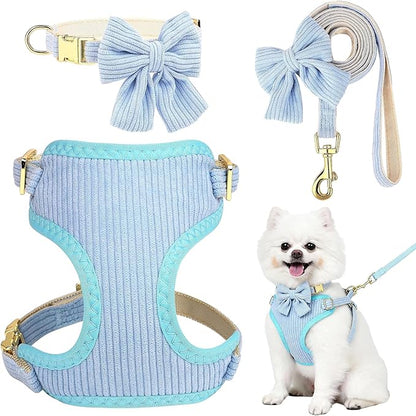 Small Dog Collar Harness and Leash Set, Dog Harness no Pull with Bowtie, Breathable Cotton Adjustable Pet Puppy Harness, Easy Walk Dog Harness, M(16-21")