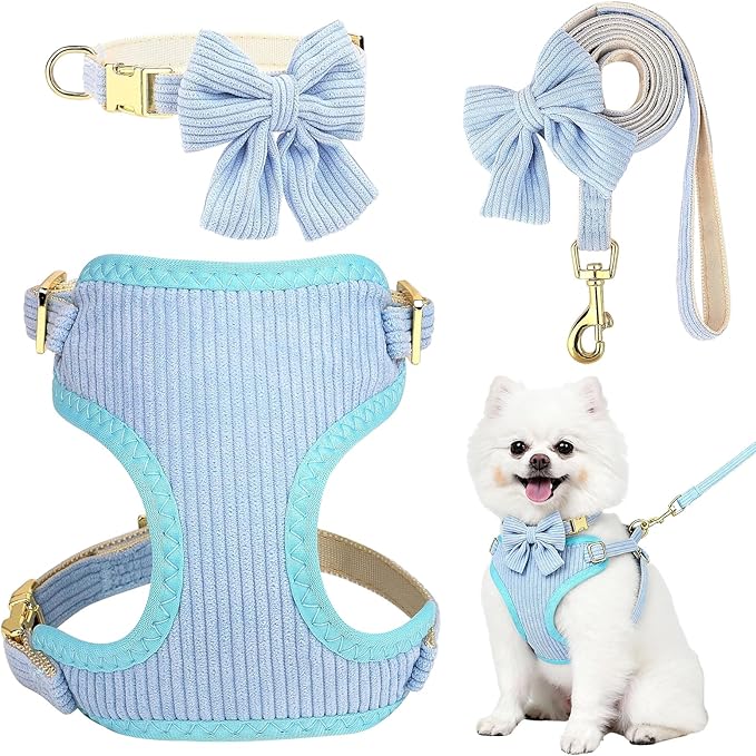 Small Dog Collar Harness and Leash Set, Dog Harness no Pull with Bowtie, Breathable Cotton Adjustable Pet Puppy Harness, Easy Walk Dog Harness, S(14–18.9")