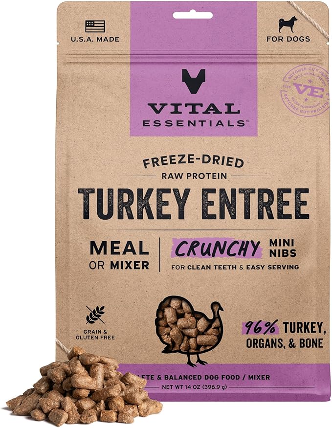 Vital Essentials Freeze Dried Dog Food, Raw Turkey Crunchy Mini Nibs | Complete Meal or Topper | 96% Turkey, Organs & Bone | Limited Ingredient, High Protein, Grain Free Dry Dog Food | 14 oz Bag