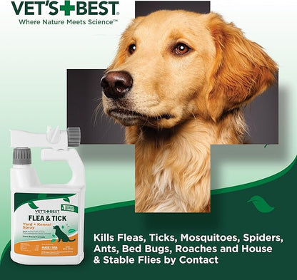 Vet's Best Flea and Tick Yard and Dog Kennel Spray, Mosquito Repellent with Certified Natural Oils, Plant Safe with Ready-to-Use Hose Attachment, Flea and Tick Prevention for Dogs, 32 oz