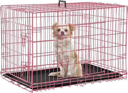 Dog Crate Dog Kennel Cage for Small Dogs, 24" Portable Foldable Indoor Outdoor Large Double Door Wire Metal Puppy Cat Pet Dog Cage with ABS Tray LC & Divider, Pink